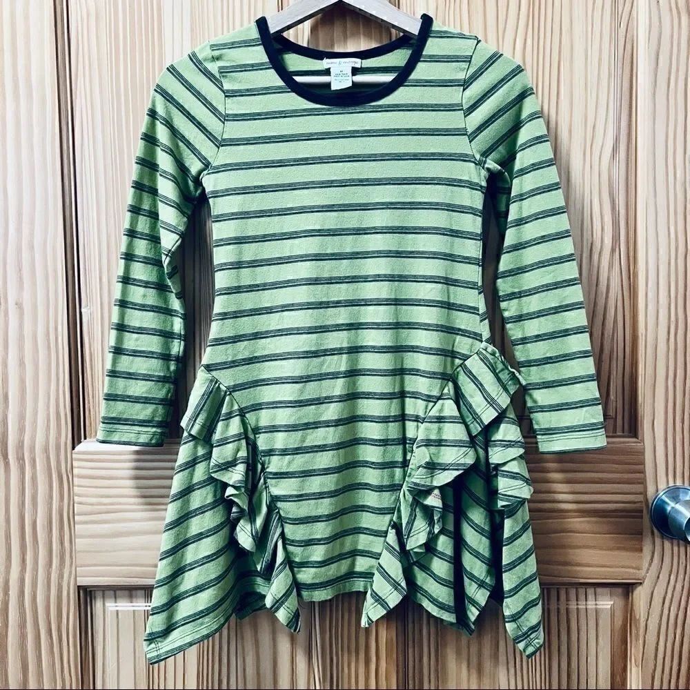Mimi & Maggie green striped ruffle skirt long sleeve knit cotton dress medium M